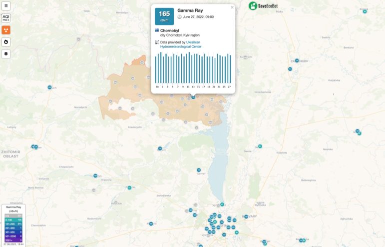SaveEcoBot map measuring Ukrainain radiation levels