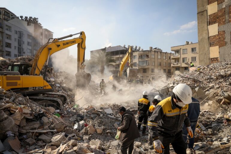 2023 yılı Şubat ayında meydana gelen deprem sonrası Hatay'da enkaz kazma ve toz havalandırma çalışmaları yapan kurtarma personeli. Görsel: Shutterstock