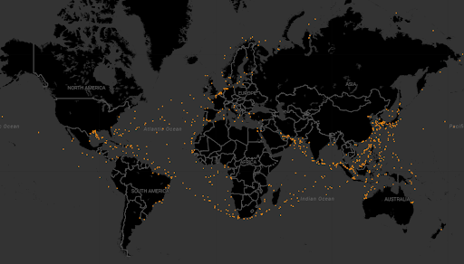 A map of the positions of liquified natural gas (LNG) tankers around the world, showing key trade routes between the US East Coast, North West Europe and East Asia. Source: LSEG.
